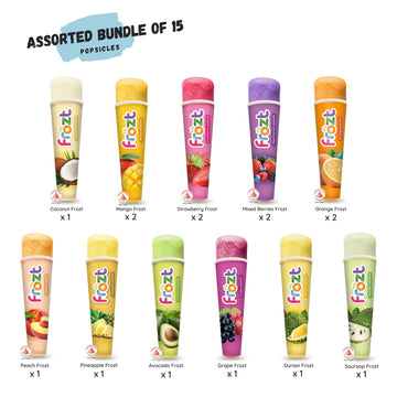 Assorted or Mixed Bundle of 15 Frozt ice popsicles (ice cream alternatives) fruit flavours.
