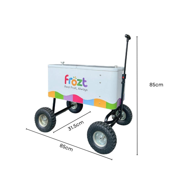 Frozt branded cooler cart with dimensions on a white background