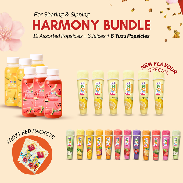 Promotional image of a 'Harmony Bundle' with popsicles and juices on a beige background.