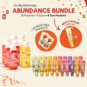 Frozt juice and popsicle bundle with promotional text on a beige background