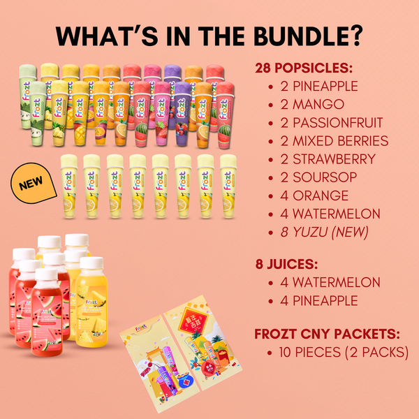 Promotional graphic of a bundle offer with popsicles, juices, and packets on a pink background.