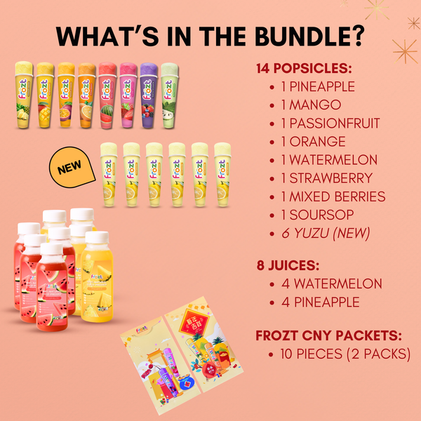 Promotional image of Frozt popsicles, juices, and CNY packets on a peach background