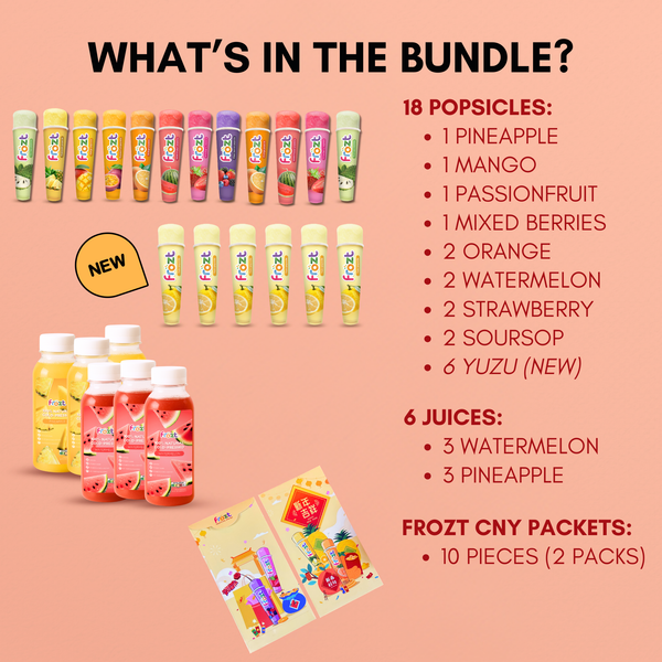 Promotional graphic of Frozt popsicles, juices, and packets on a pink background