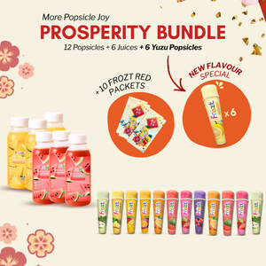 Promotional image of a 'Prosperity Bundle' with popsicles and juices on a decorative background.