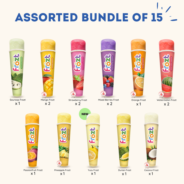 Assorted bundle of 15 Frozt popsicles with colourful packaging on a white background.