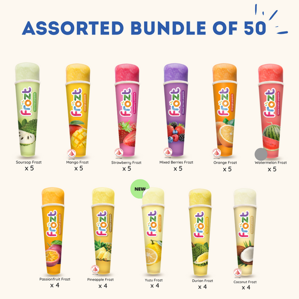 Assorted bundle of 50 Frozt ice cream sticks with various flavors on a white background.