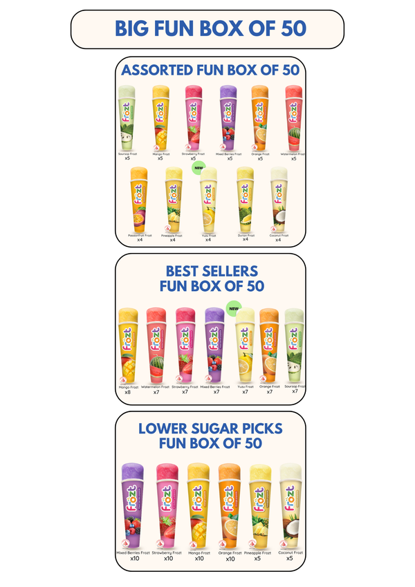 Assorted fun box of 50 with best sellers and lower sugar picks on a white background