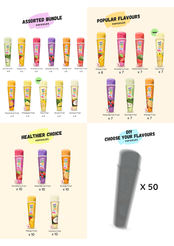 Assorted bundle of popsicles with popular flavors and a healthier choice option on a beige background.