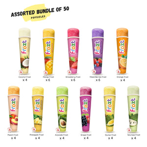 Assorted or Mixed Bundle of 50 Frozt ice popsicles (ice cream alternatives) fruit flavours.