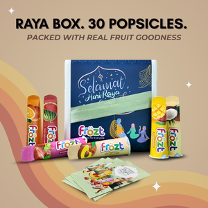 Frozt popsicles packaging with 'Selamat Hari Raya' design on a beige background