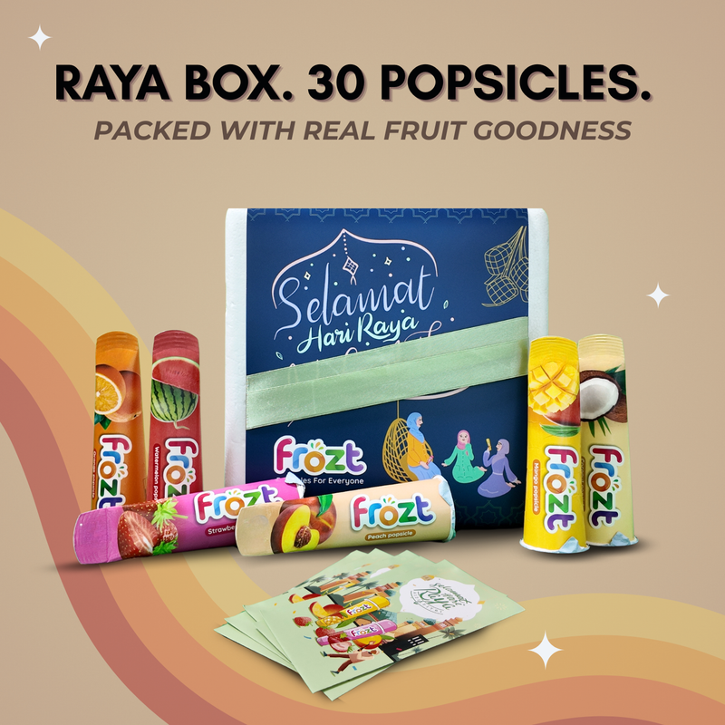 Frozt popsicles packaging with 'Selamat Hari Raya' design on a beige background