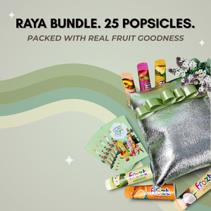 Promotional image of a Raya bundle with 25 popsicles, packaging, and a card on a light green background.