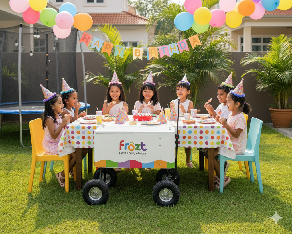 Children at a birthday party with balloons, a cake, and a 'frozt' popsicle wagon