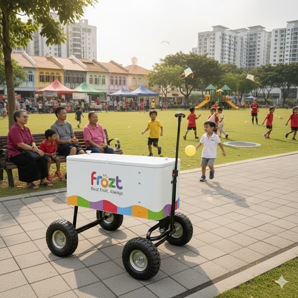 Frozt ice cream wagon in a park with children and families in the background