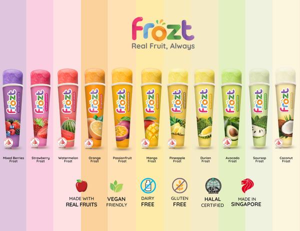 Assorted Frozt popsicle sticks with colourful packaging on a gradient background